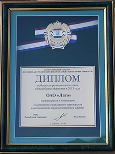 Диплом победителя регионального этапа Всероссийского конкурса «Российская организация высокой социальной эффективности» 2013